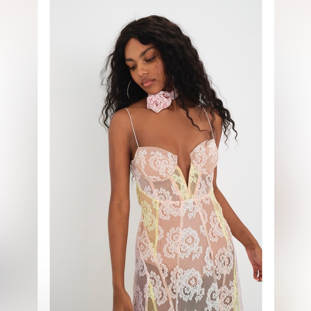 NWT For Love and Lemons pink yellow lace blossom maxi dress
